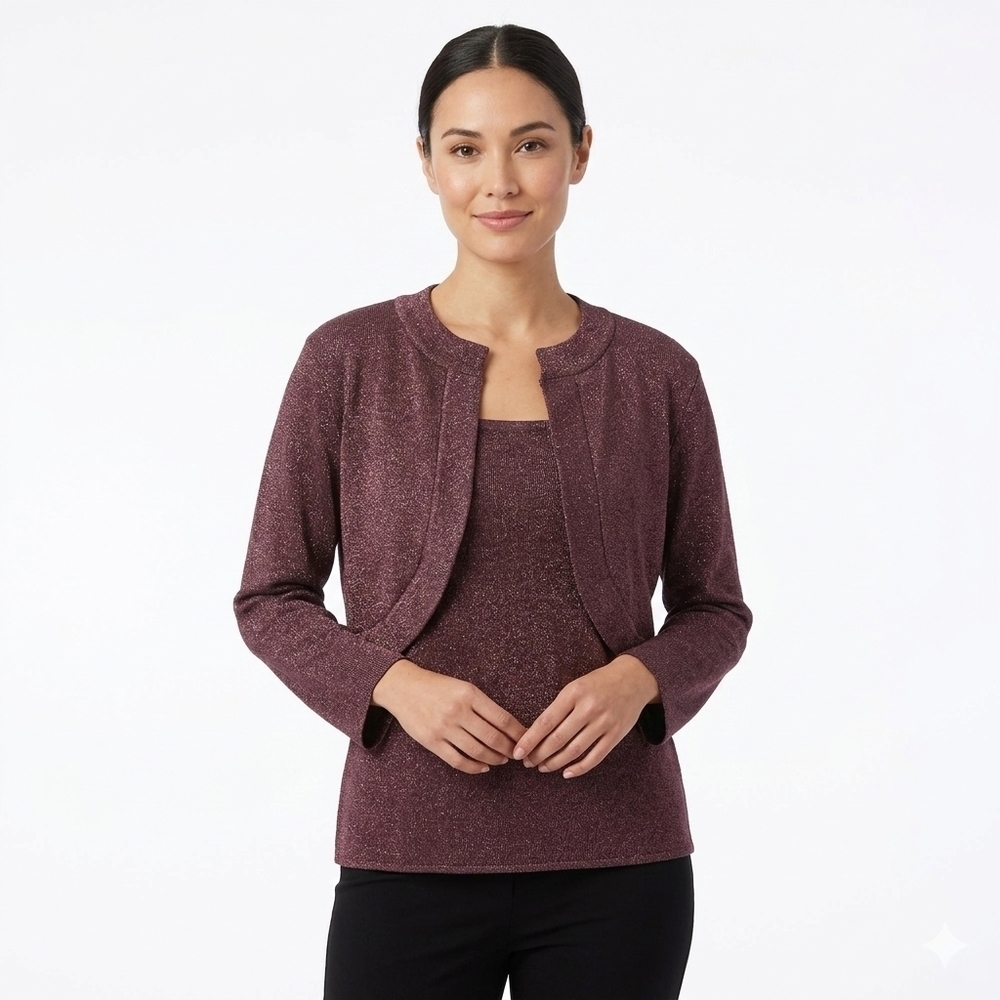 Michelle Antonelli Silk Blend Metallic Knit Bolero & Tank Set XL Brown Rose Gold